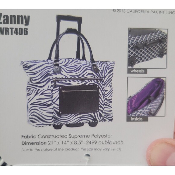 NWT Calpak Zany 21" Laptop   Carry On Luggage Bag Zebra 21X14X8.5" Easy Carry - Picture 10 of 11